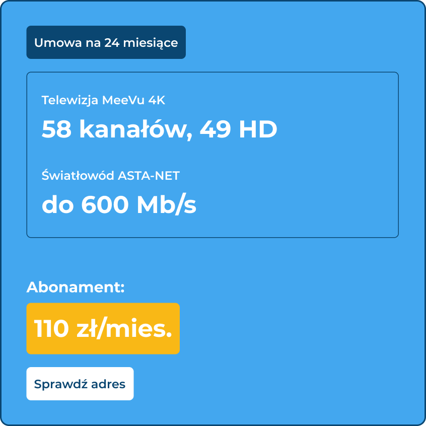 Światłowód ASTA-NET do 600Gb/s - umowa 24 miesiące