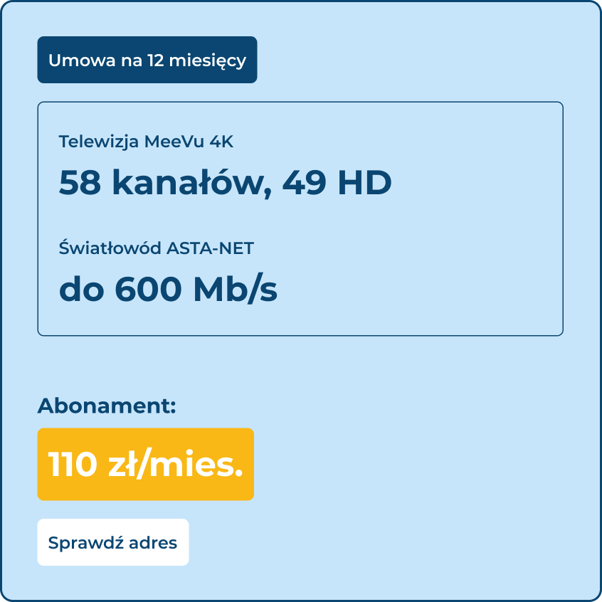 Światłowód ASTA-NET do 600Gb/s - umowa 6 miesięcy
