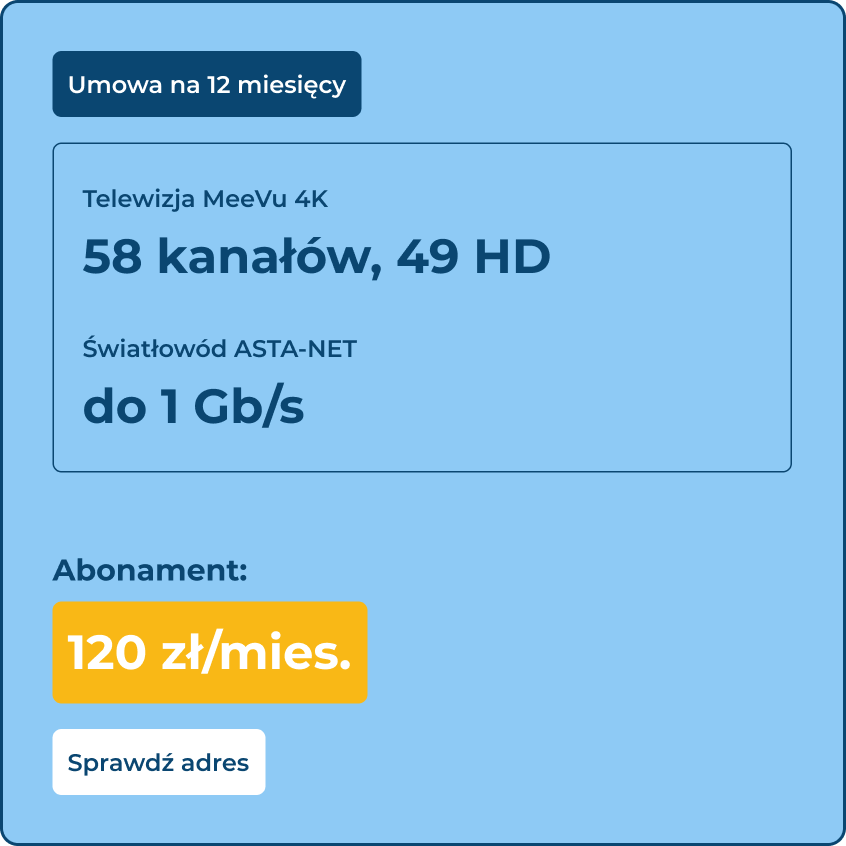Światłowód ASTA-NET do 1Gb/s - umowa 6 miesięcy